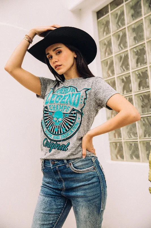 Women's Cotton American Legend Graphic Print Light Gray T-shirt Elasticated Padded Insulated Women's Cotton American Legend Graphic Print Light Gray T-shirt Elasticated Padded Insulated