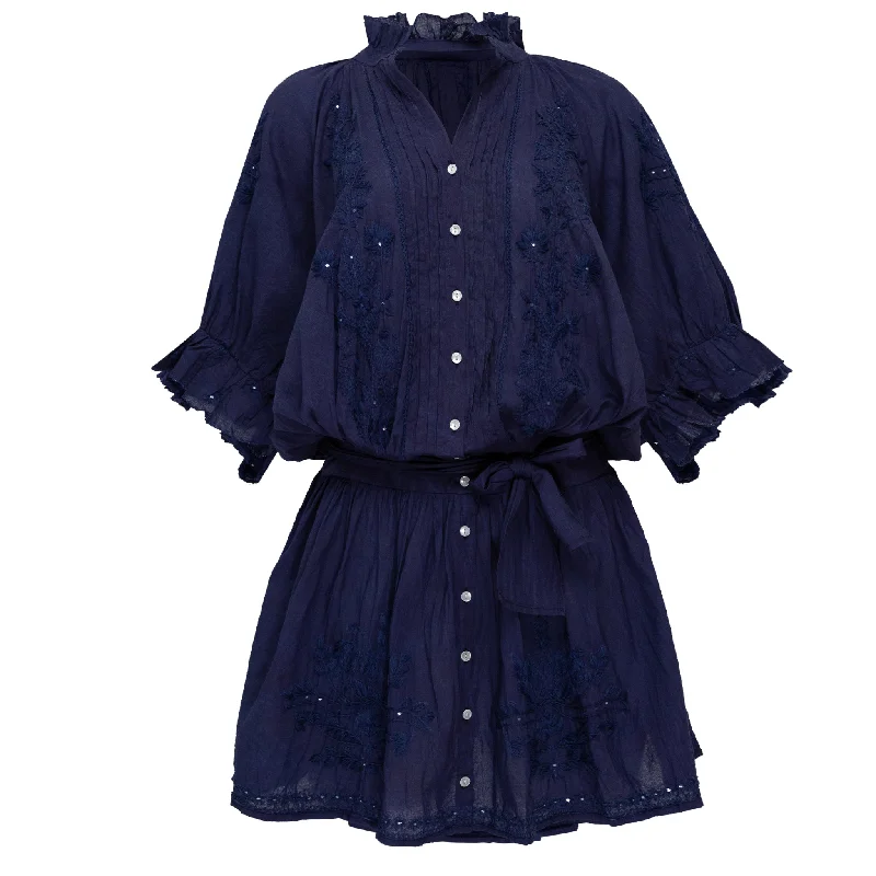 Acid Wash Blouson Dress With Tonal Lotus Embroidery Indigo