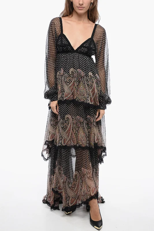 Etro Chiffon Flouced Polka-Dot Dress with Application 40 Italian size