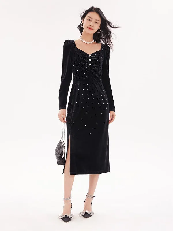 Black Velvet Side Slit Dress