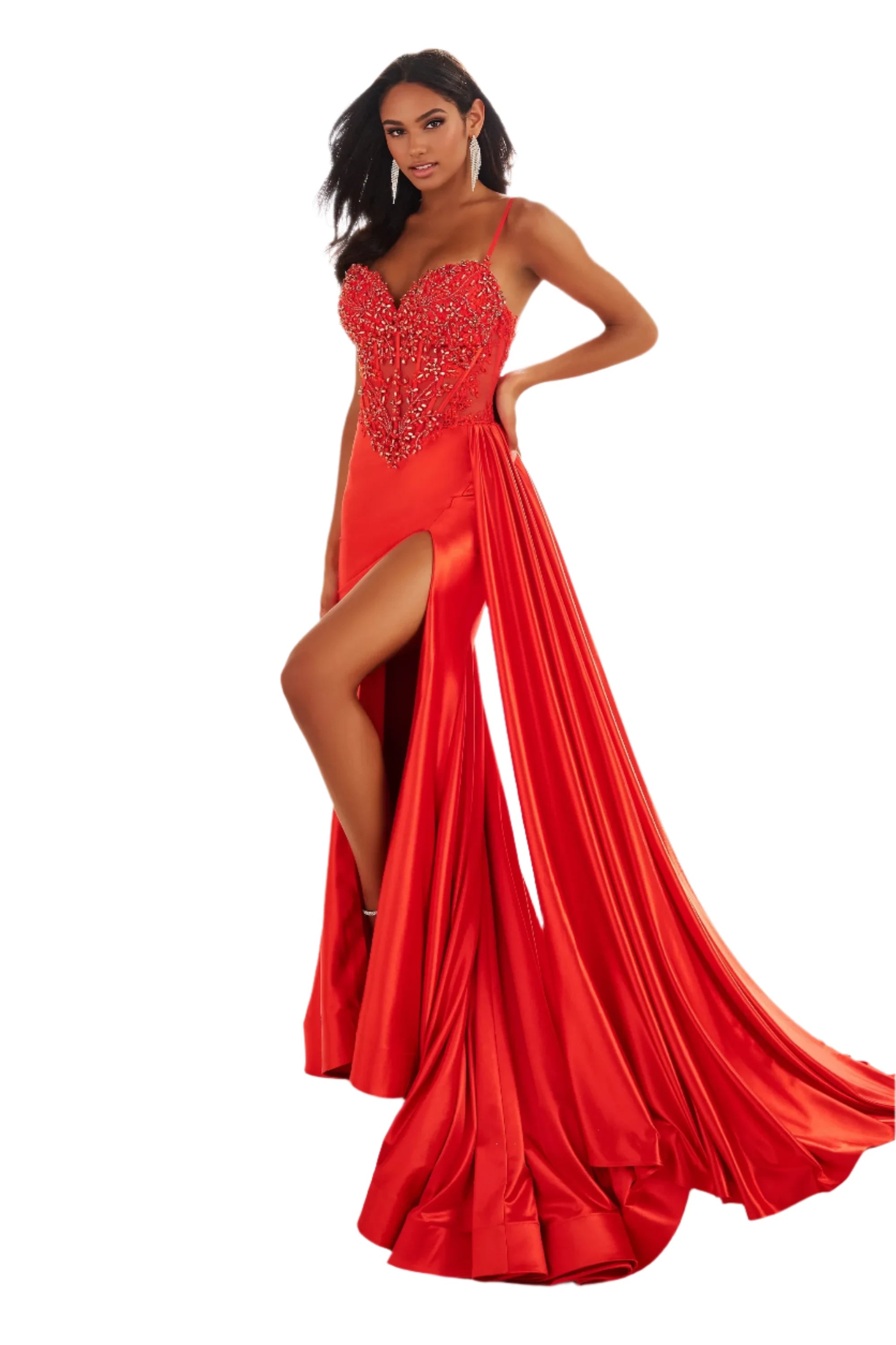 Ellie Wilde EW36064 Size 2 Red Long Sheer Lace Corset Prom Dress Overskirt Slit Pageant Formal Evening Gown