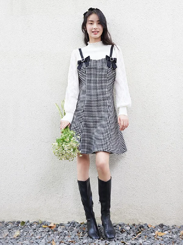Wool Houndstooth Bowknots Strap Dress
