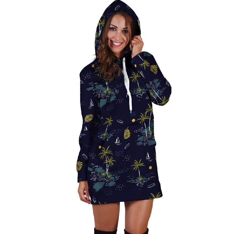 Island Palm Tree Hawaiian Print Hoodie Dress