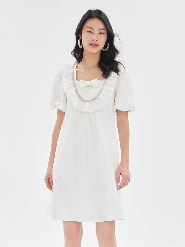White Jacquard Bowknot Ruffle Dress