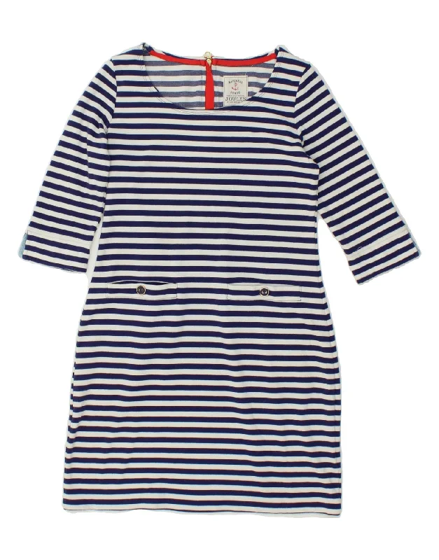 JOULES Womens 3/4 Sleeve Basic Dress UK 12 Medium Navy Blue Striped Cotton