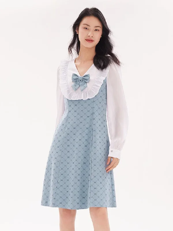 Knitted Ruffled Collar Patchwork Dress