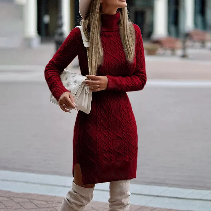 Amy Fashion - Casual Solid Color Long-Sleeved High-Neck Split Tight Dress