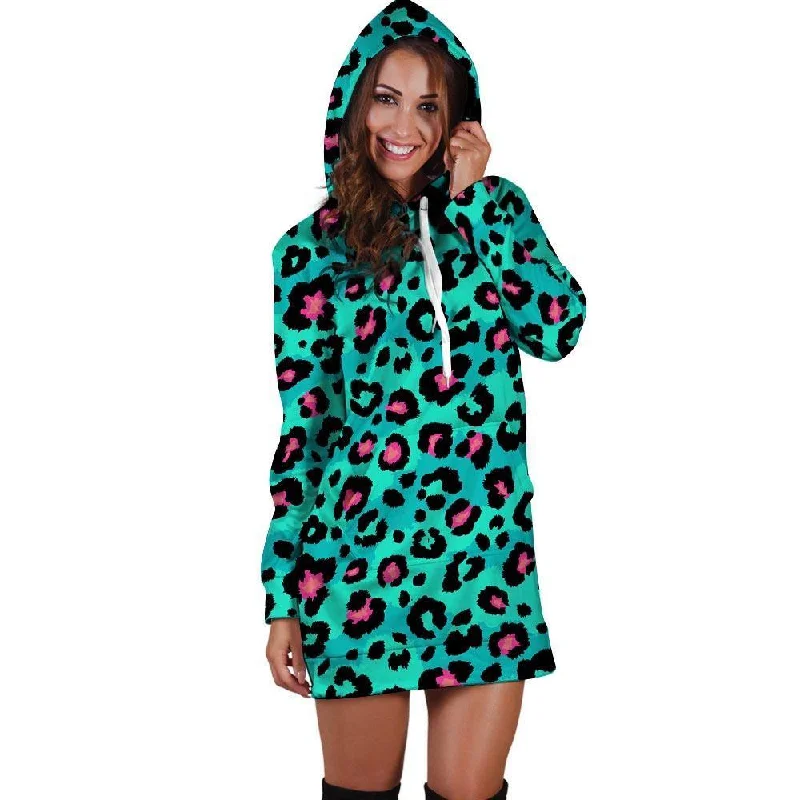 Leopard Teal Print Hoodie Dress