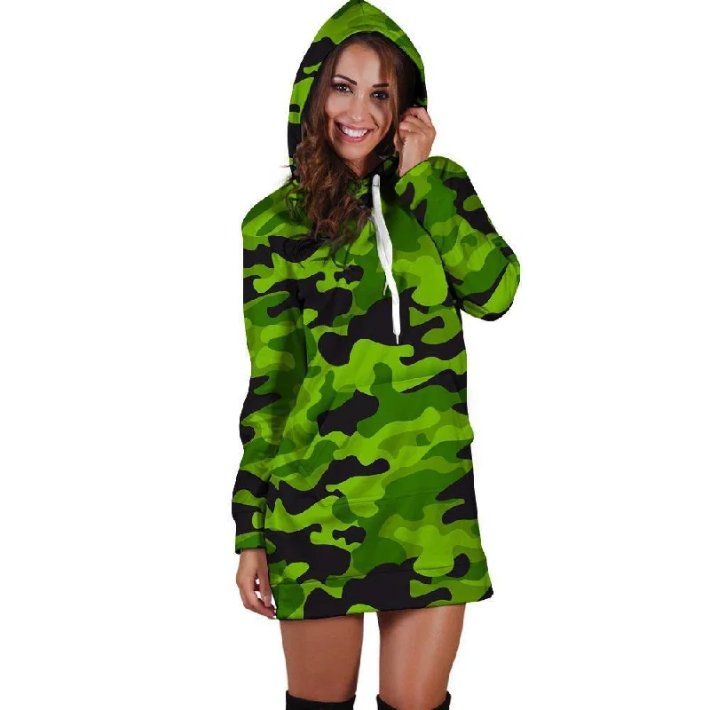 Lime Green Camo Print Hoodie Dress