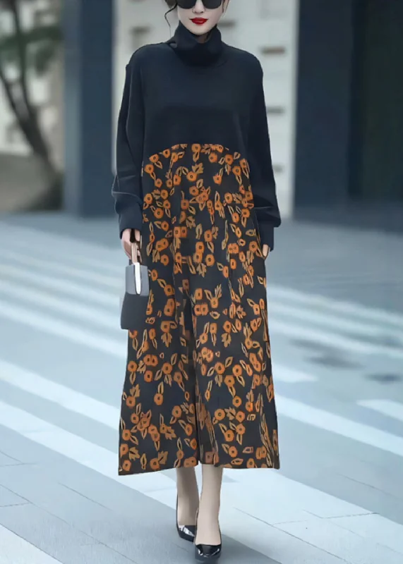 Loose Black Turtleneck Print Patchwork Long Dresses Winter