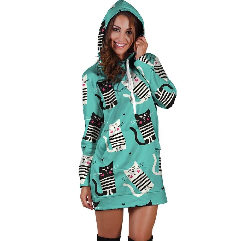 Love Turquoise Cat Print Hoodie Dress