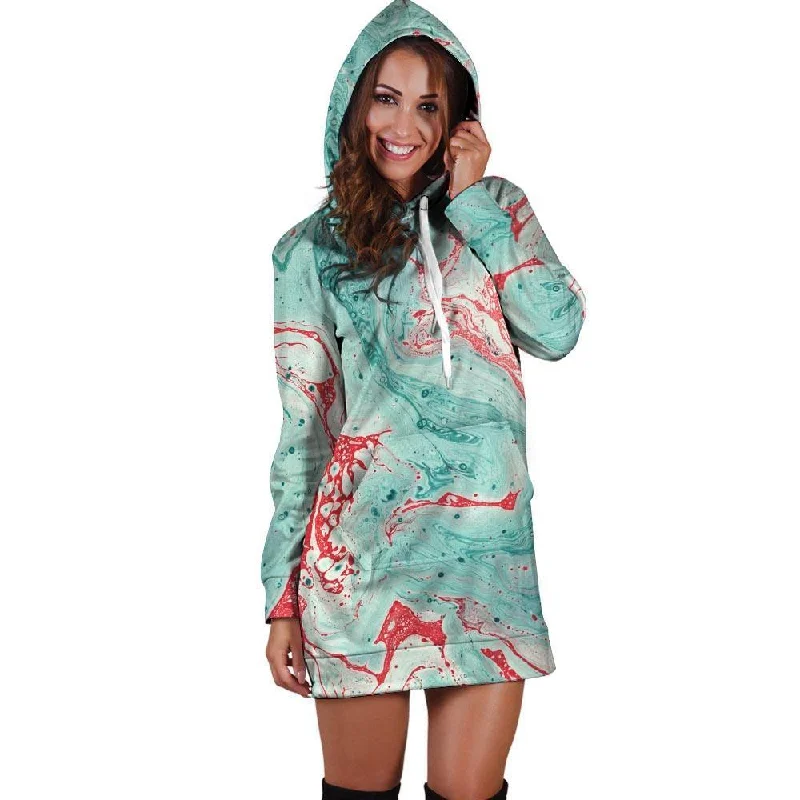 Mixed Red and Turquoise Marble Hoodie Dress