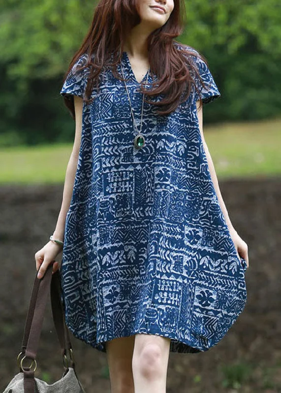 Modern Blue V Neck Print Patchwork Linen Mid Dresses Summer