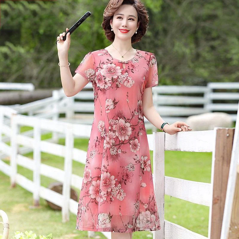 Mom's Plus Size XL-XXXXXL Summer Mid-length Over-the-knee Printed Skirt Chiffon Dress