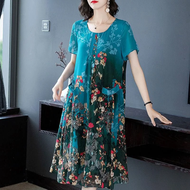 Mom's Summer Chiffon Dress Mid-length Plus Size Printed Over-the-knee Skirt