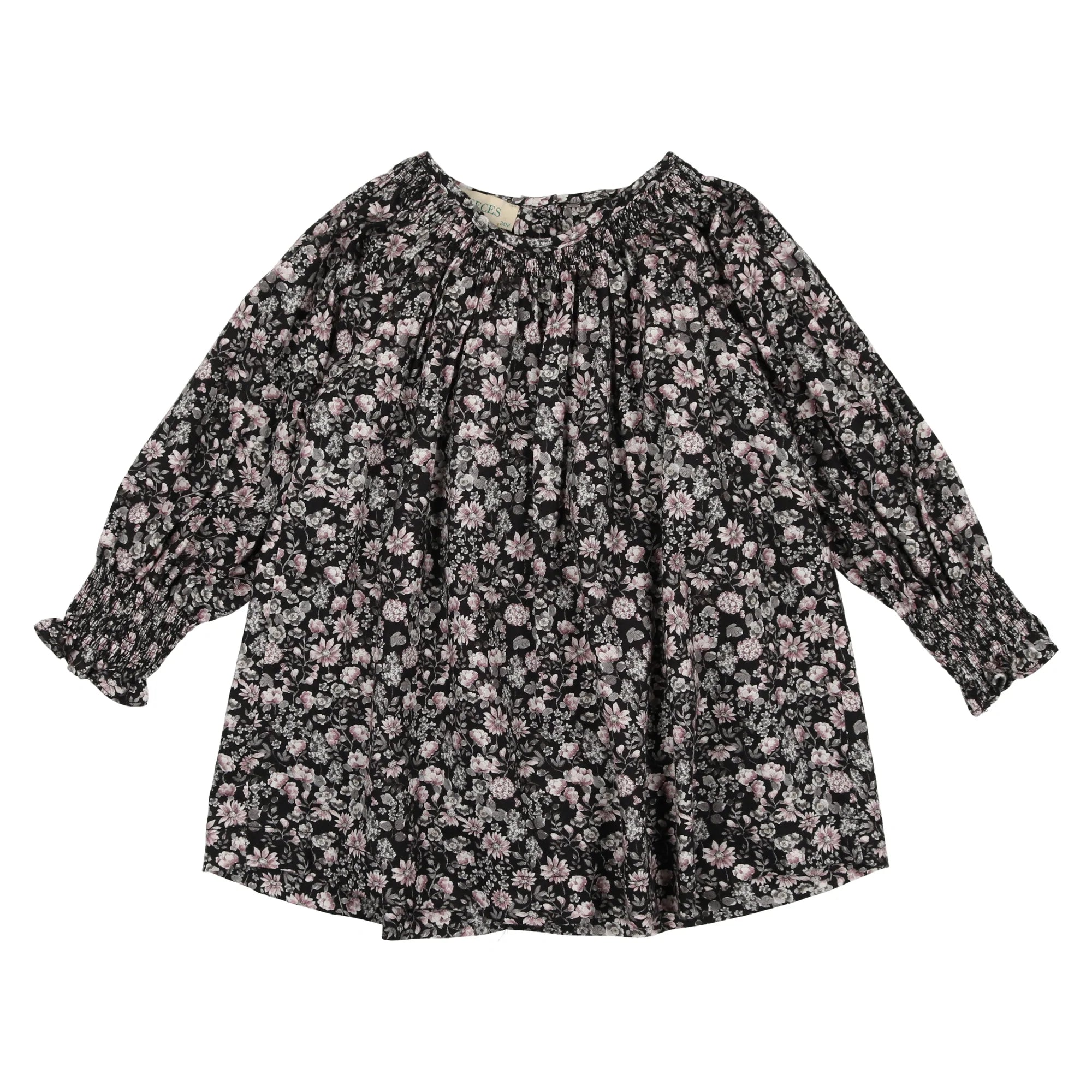NUECES PINK/BLACK FLOWER JUNE DOUBLE SMOCKED DRESS