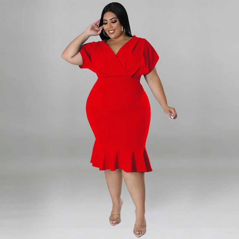 Plus Size Women Summer Special V neck Solid Color Sheath Dress Dress