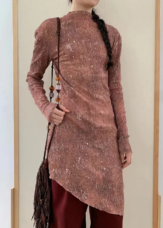 Stylish Pink Asymmetrical Design Slim Fit Wrinkled Dress Fall