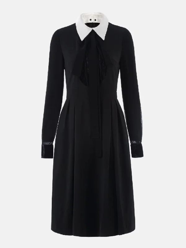 Velvet Folds and White Collar Dress in Black