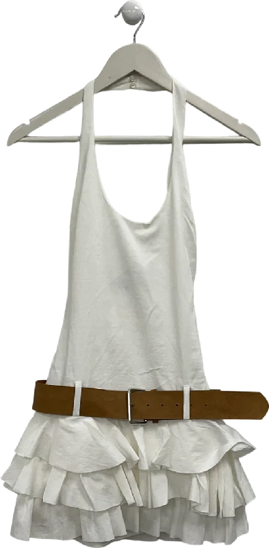 ZARA White Belted Dress With Ruffles UK 8