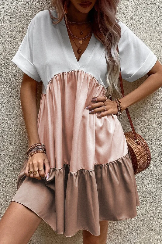 Blue Zone Planet | Color Block V-Neck Short Sleeve Mini Dress Trendy Off-Shoulder Dress Mini Blue Zone Planet | Color Block V-Neck Short Sleeve Mini Dress Trendy Off-Shoulder Dress Mini
