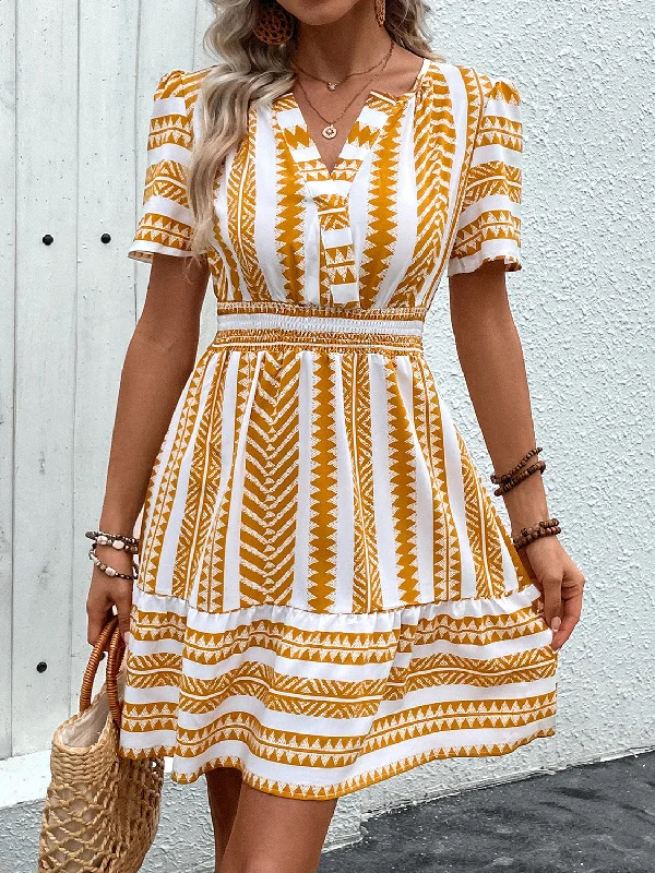 Blue Zone Planet | Geometric Notched Short Sleeve Mini Dress Comfortable Smocked Mini Dress Blue Zone Planet | Geometric Notched Short Sleeve Mini Dress Comfortable Smocked Mini Dress