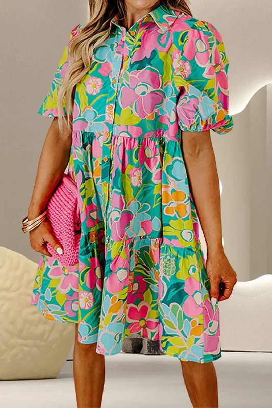 Blue Zone Planet | Printed Collared Neck Puff Sleeve Mini Dress Trendy Cut-Out Mini Dress Blue Zone Planet | Printed Collared Neck Puff Sleeve Mini Dress Trendy Cut-Out Mini Dress