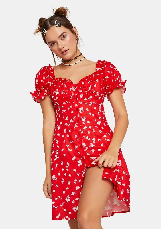 Cherry Simple Breeze Floral Mini Dress Chic Pleated Mini Dress