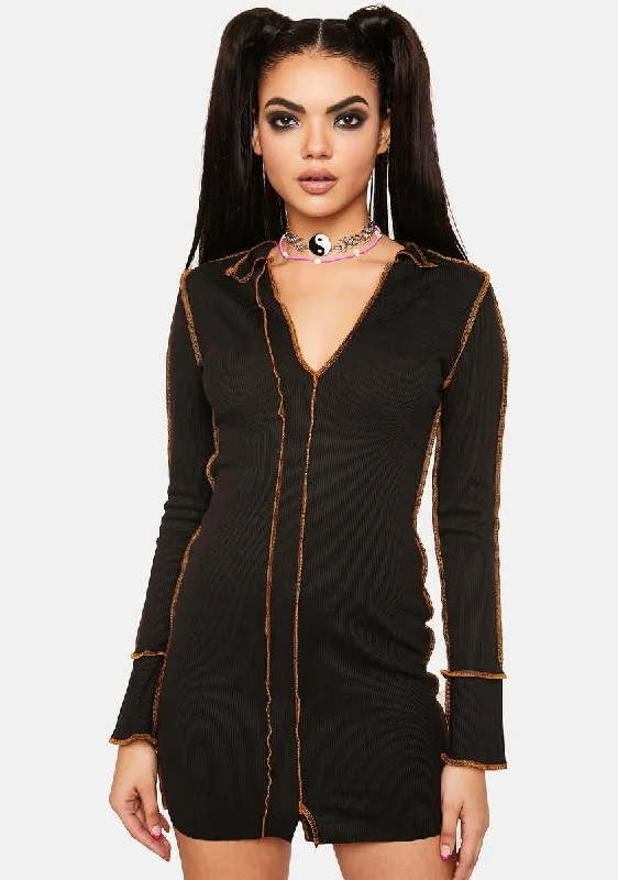 Exposed Stitch Long Sleeve Mini Dress Trendy Bodycon Mini Dress