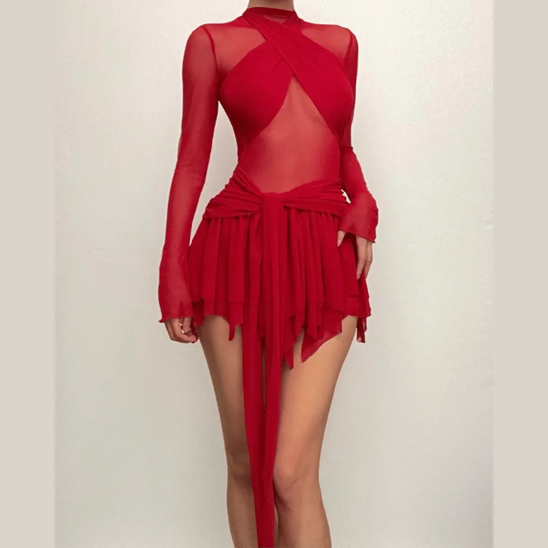 Long sleeve ruffle ruched cross front halter sheer mesh mini dress Fashionable Summer Mini Dress Long sleeve ruffle ruched cross front halter sheer mesh mini dress Fashionable Summer Mini Dress
