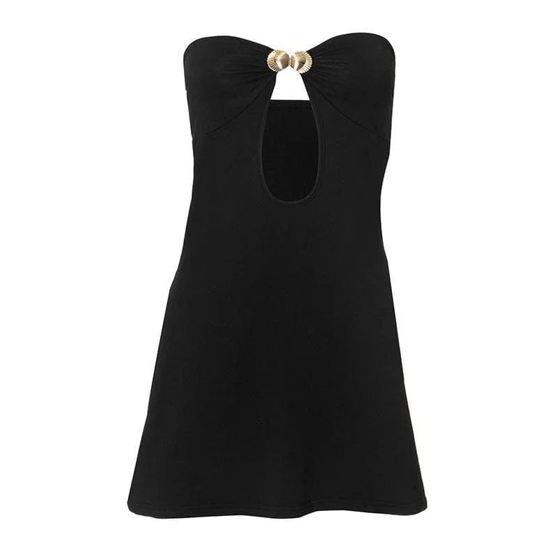 Metal applique hollow out solid tube cut out mini dress Elegant Mini Dress with Ruffles Metal applique hollow out solid tube cut out mini dress Elegant Mini Dress with Ruffles