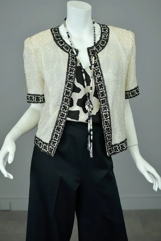 1980s Laurence Kazar White Black Beaded Jacket Top Satin Fabric Silk Fabric Chiffon Fabric 1980s Laurence Kazar White Black Beaded Jacket Top Satin Fabric Silk Fabric Chiffon Fabric