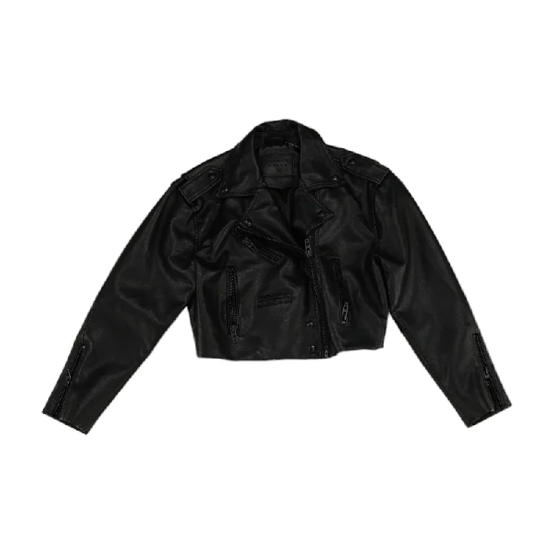 Black Solid Faux Leather Jacket Wool Fabric Cashmere Fabric Tweed Fabric