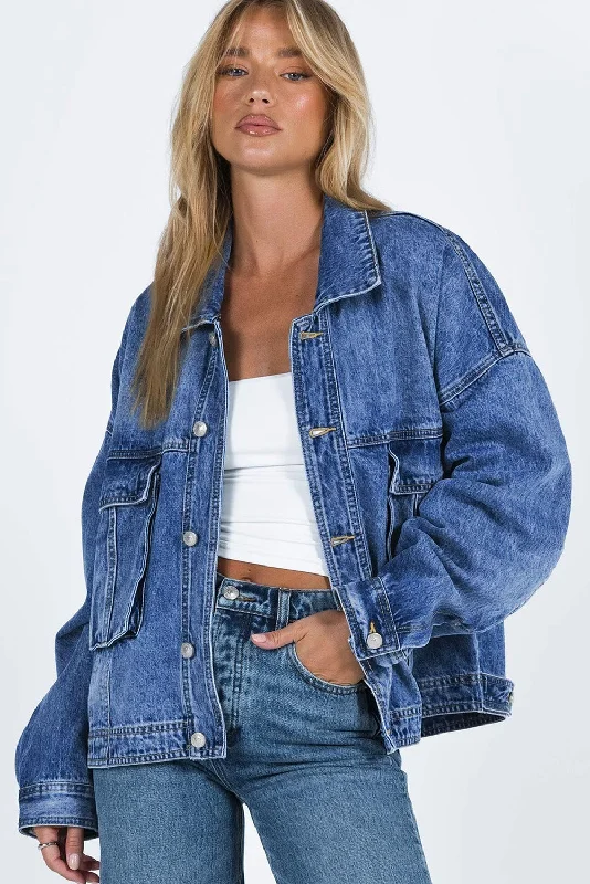 Long Sleeve Button-down Oversized Denim Blue Jean Jacket Zippered Front Buttoned Front Snap Front Long Sleeve Button-down Oversized Denim Blue Jean Jacket Zippered Front Buttoned Front Snap Front