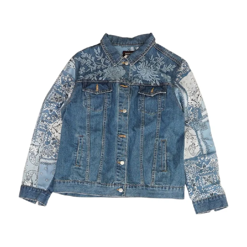 Blue Embroidery Detail Denim Jacket Notch Collar Peter Pan Collar Cowl Neck