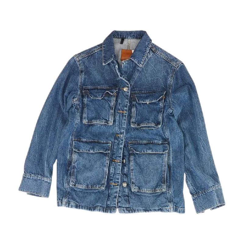 Blue Solid Denim Jacket Insulated Jacket Fitted Jacket Loose Jacket