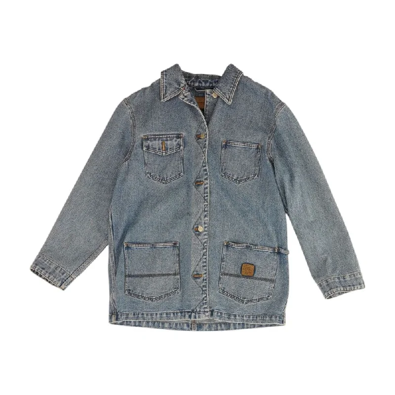 Blue Solid Denim Jacket Tiered Jacket Buttoned Jacket Zippered Jacket