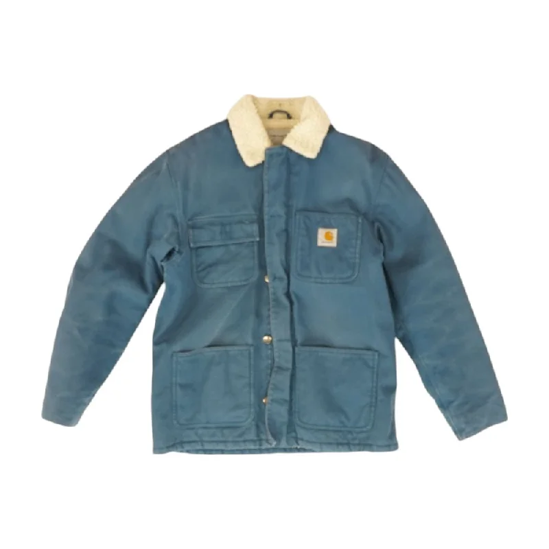 Blue Solid Jacket Stand-Up Collar Roll-Neck Collar Turtle Neck