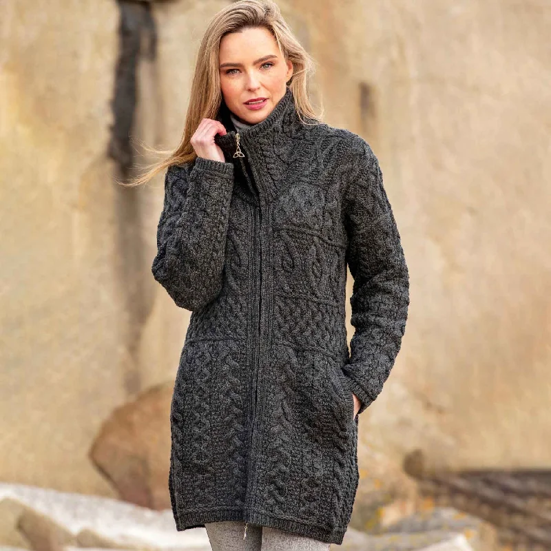 Aran Wool Sweater Jacket with Oversized Collar - Charcoal - 100% Merino Wool Tailored Jacket Straight Jacket A-Line Jacket Aran Wool Sweater Jacket with Oversized Collar - Charcoal - 100% Merino Wool Tailored Jacket Straight Jacket A-Line Jacket