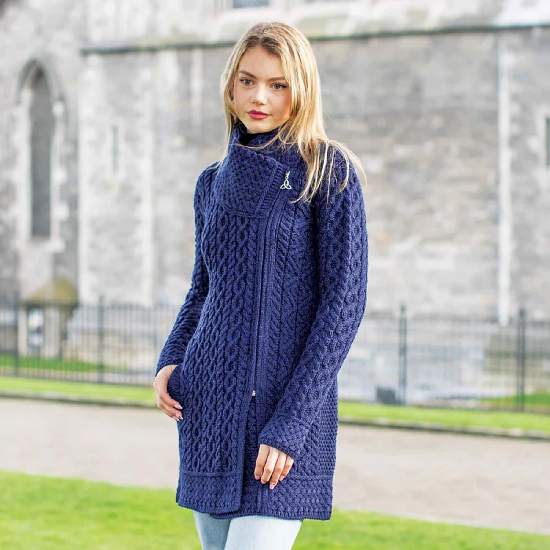 Athenry Asymmetric Side Zip Aran Knit Coat Jacket with Shawl Collar, Midnight Blue Chenille Jacket Brocade Jacket Lace Jacket Athenry Asymmetric Side Zip Aran Knit Coat Jacket with Shawl Collar, Midnight Blue Chenille Jacket Brocade Jacket Lace Jacket