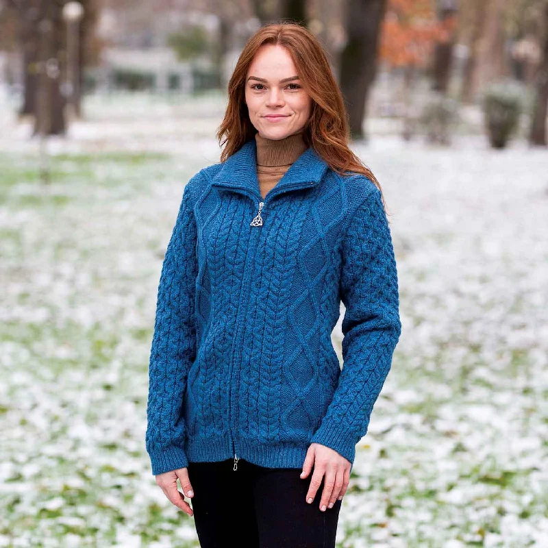 Women's Aran Knit Cable Bomber Jacket, Teal Denim Fabric Leather Fabric Suede Fabric