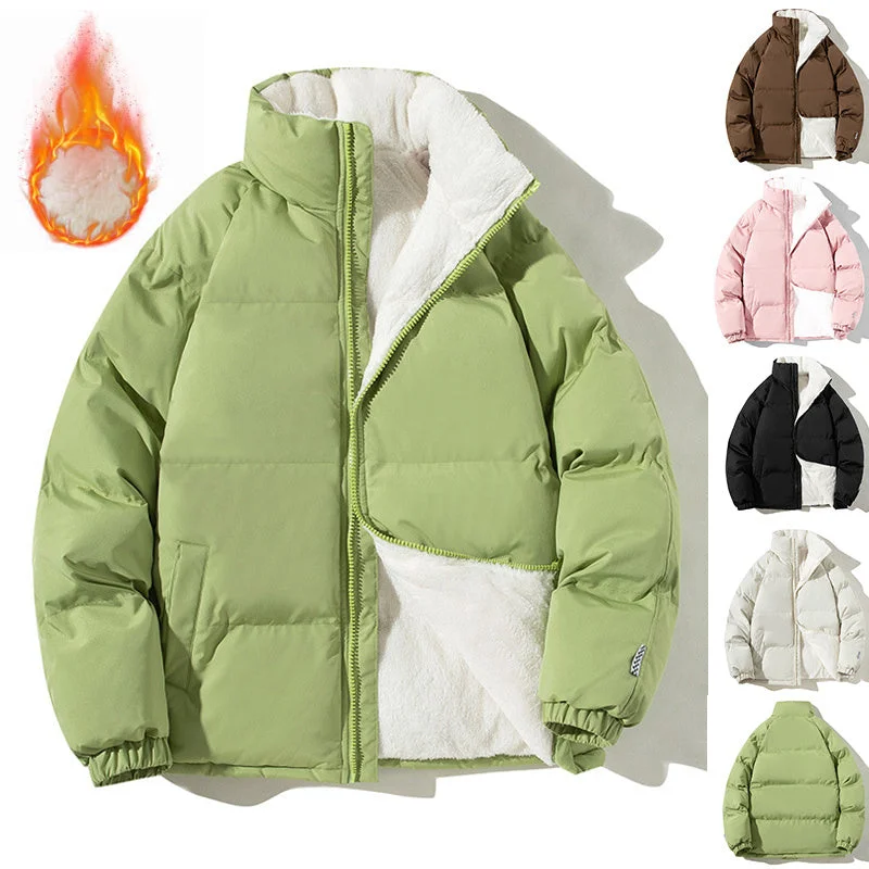 Couples Stand-up Collar Coat With Pockets Fashion Winter Warm Plush Thickened Jacket For Women Men Loose Outwear Top Clothing Welt Pockets Slit Pockets Flap Pockets