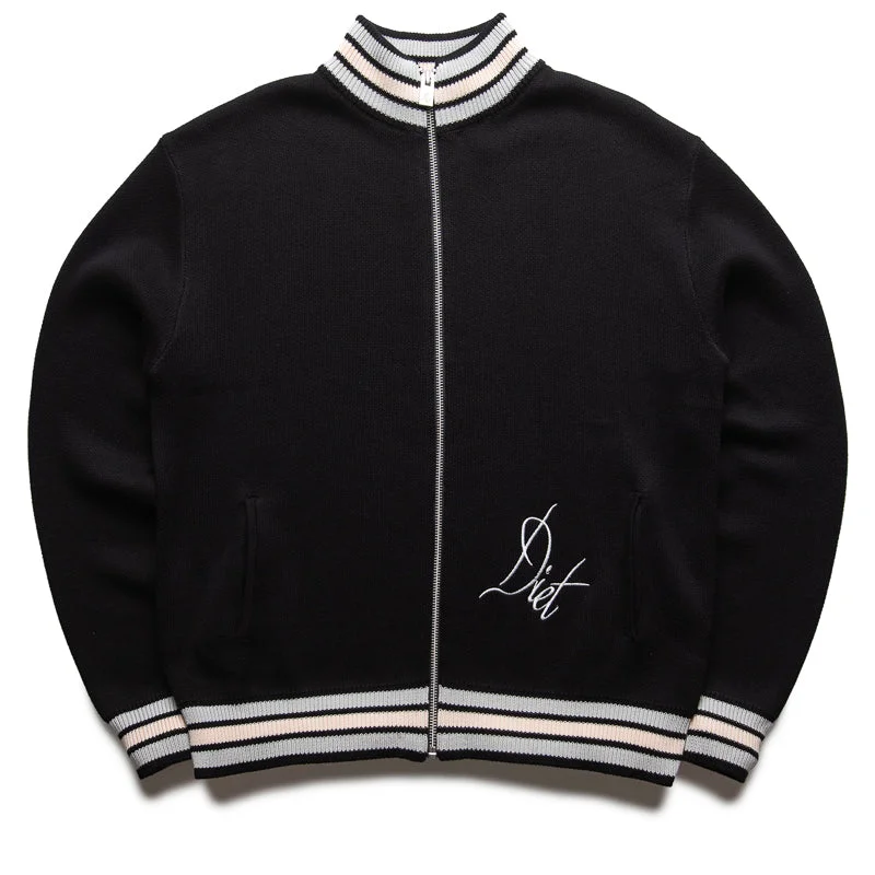 Diet Starts Monday Knitted Script Full Zip Varsity Jacket - Black A-Line Jacket Boat Neck Shawl Collar Diet Starts Monday Knitted Script Full Zip Varsity Jacket - Black A-Line Jacket Boat Neck Shawl Collar