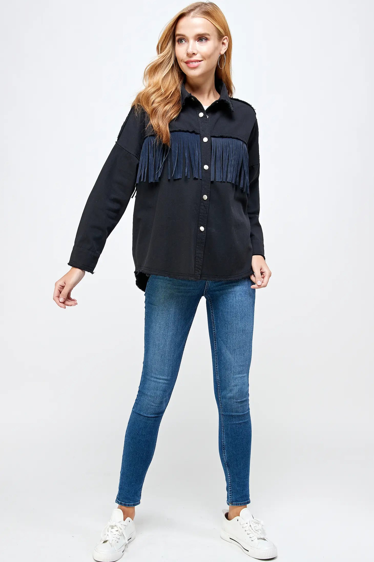 Fringe Button Down Shirt Jacket (Shacket) Midnight Boat Neck Shawl Collar Notched Collar