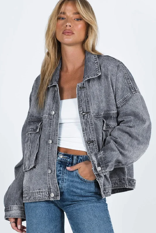 Long Sleeve Button-down Oversized Gray Denim Jean Jacket Chenille Fabric Brocade Fabric Lace Fabric Long Sleeve Button-down Oversized Gray Denim Jean Jacket Chenille Fabric Brocade Fabric Lace Fabric