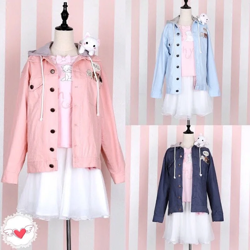 Harajuku cute little animal embroidery hooded cowboy jacket YV1507 Zippered Front Buttoned Front Snap Front Harajuku cute little animal embroidery hooded cowboy jacket YV1507 Zippered Front Buttoned Front Snap Front