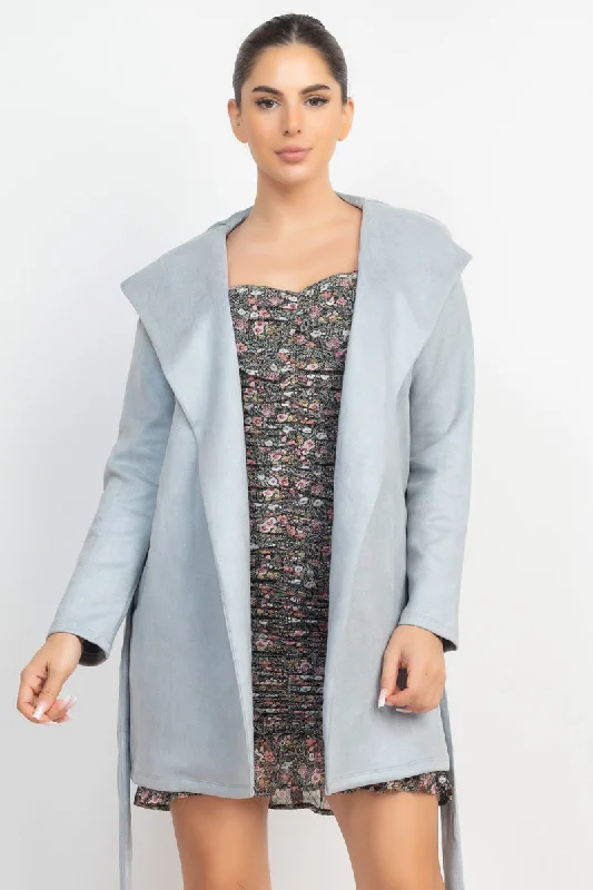Suede Hooded Waist-tie Belt Jacket Elasticated Jacket Padded Jacket Insulated Jacket Suede Hooded Waist-tie Belt Jacket Elasticated Jacket Padded Jacket Insulated Jacket