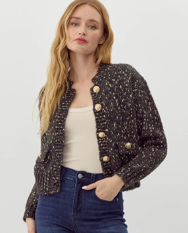 Sweater Jacket with Metallic Gold Buttons Chenille Fabric Brocade Fabric Lace Fabric Sweater Jacket with Metallic Gold Buttons Chenille Fabric Brocade Fabric Lace Fabric