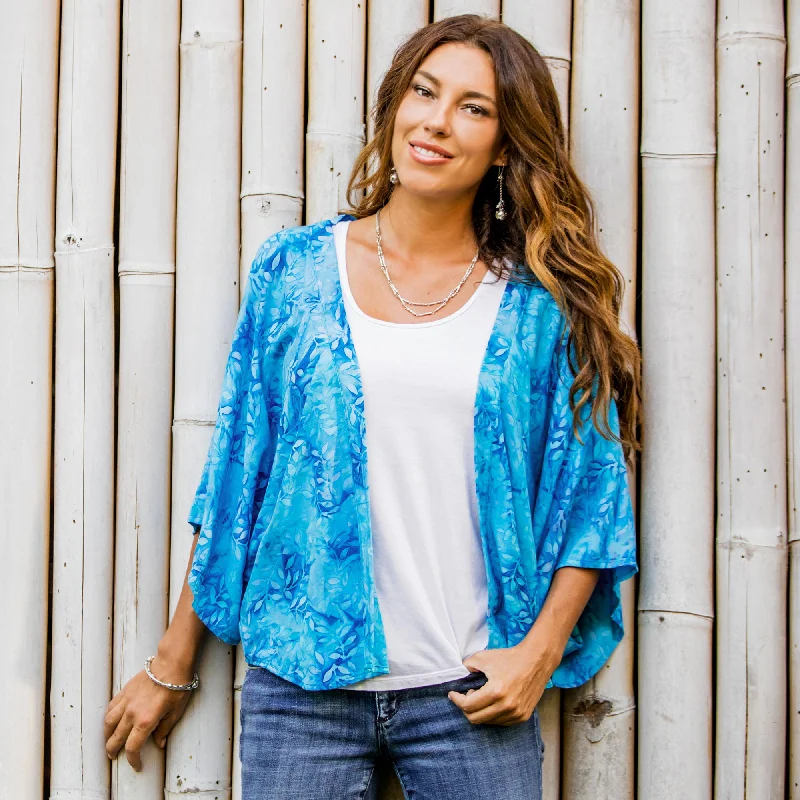 Lavish Garden in Cyan Open Kimono Jacket in Light Blue Batik Knit Jacket Woven Jacket Fleece Jacket Lavish Garden in Cyan Open Kimono Jacket in Light Blue Batik Knit Jacket Woven Jacket Fleece Jacket