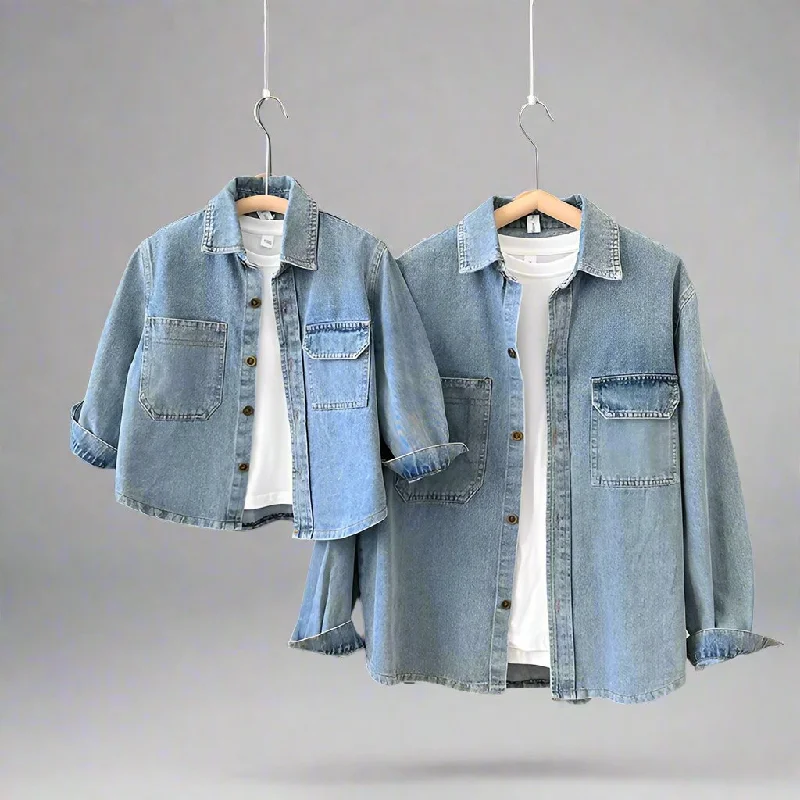Matching Family Denim Jackets  Classic Light-Wash Jean Shirt for Mom, Dad, and Kids Wool Jacket Cashmere Jacket Tweed Jacket